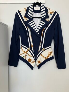 Cache Navy, White & Gold Chain-Print Blazer